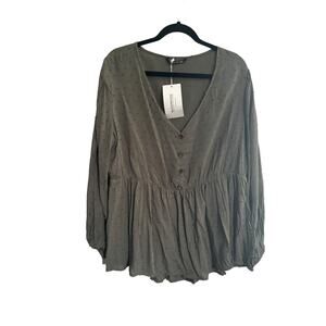 NWT Bloomchic 14-16 Olive green Swiss Dot Balloon Sleeve Tunic Blouse #2735